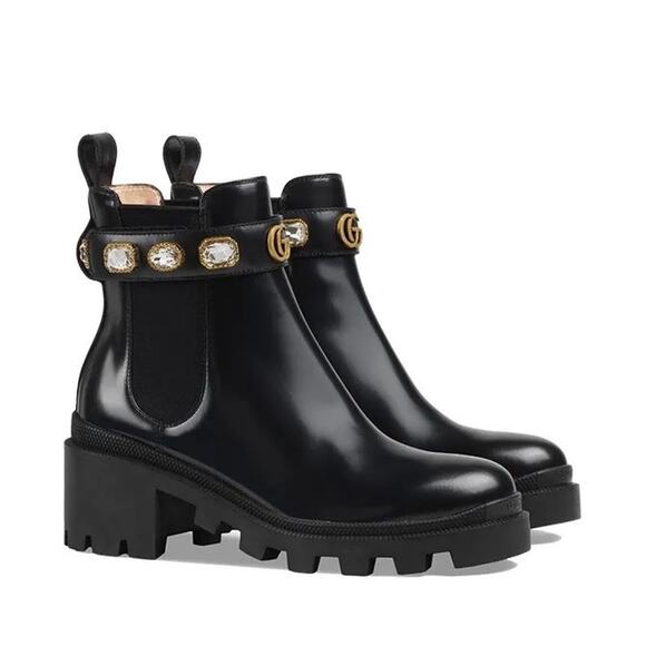 Gucci Magnum 37/US 7 Chelsea Ankle Boots Black Leather Crystal Belt Bootie NIB - Picture 1 of 13